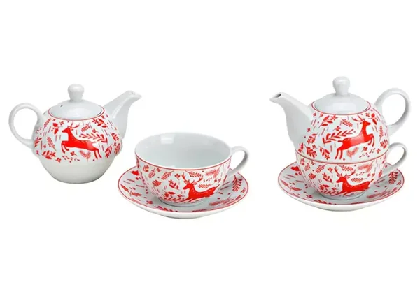 Theeservies | Theepot | Kop en Schotel | Rendier | Rood | Wit | Porselein