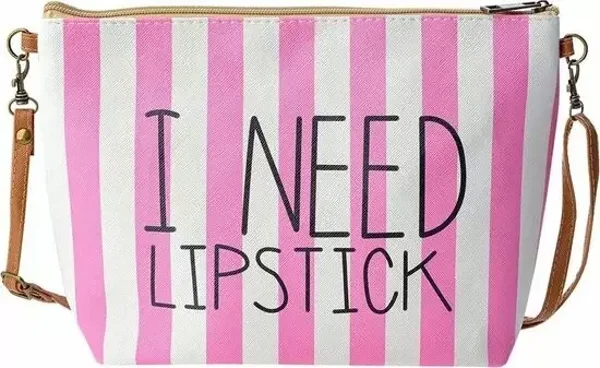 Toilettasje / make-up tasje 'I need lipstick' roze gestreept