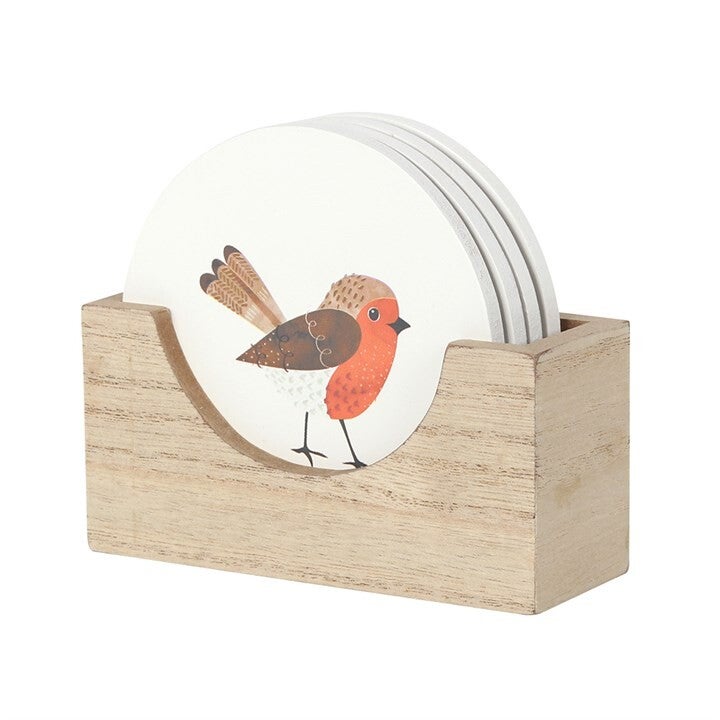 Onderzetters | Vogel | Roodborstje | MDF | 11x4x9,5cm | 4 stuks | incl. houder