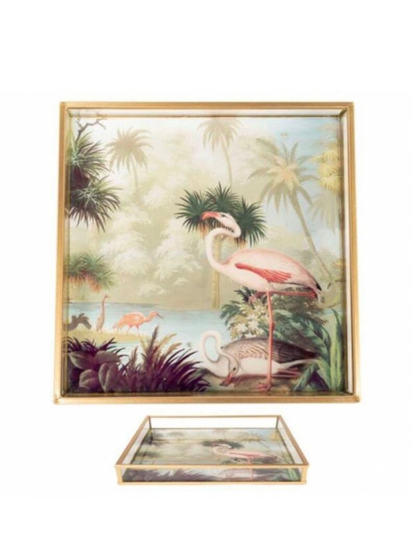 Decoratieve vierkante lijst / tray met een flamingo tafereel