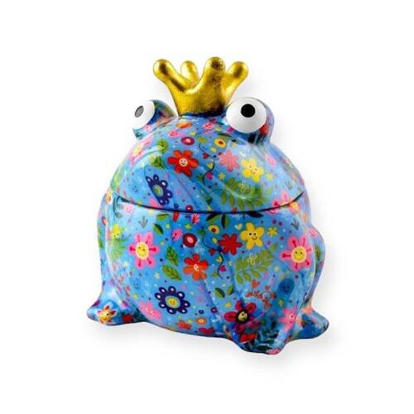 Voorraadpot / snoeppot kikker Freddy in blauw met lachende bloemetjes (happy flowers skyblue)