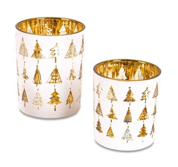 Theelichthouders kerstbomen wit met goud