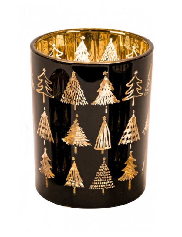 Theelichthouder kerstbomen zwart met goud