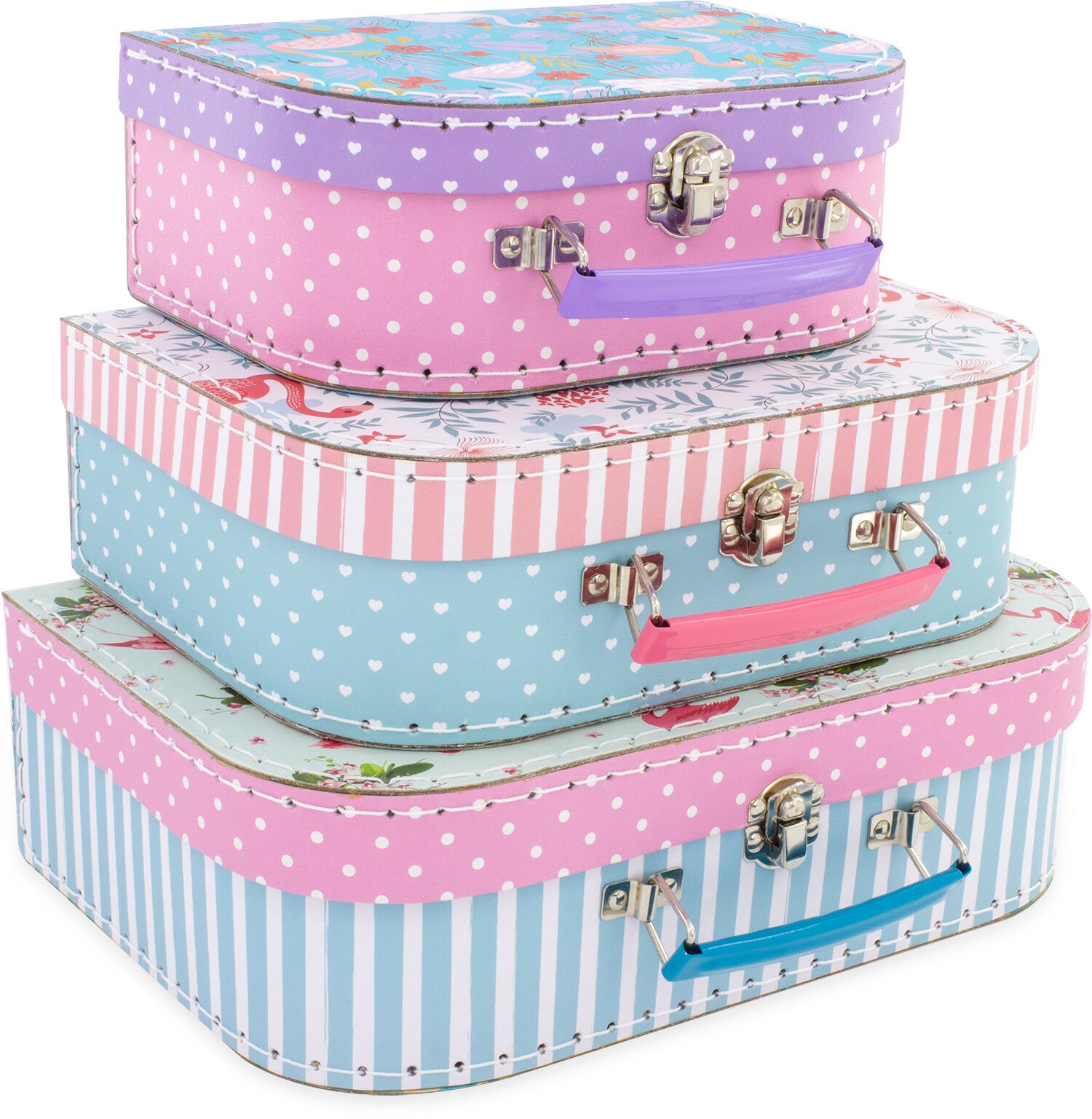 Kinder Kofferset Flamingo – Set van 3 Kartonnen Koffertjes met Handvat