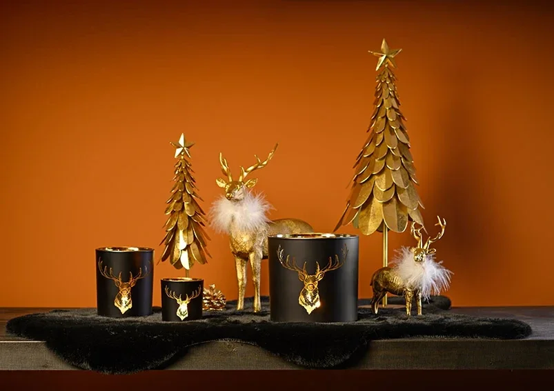 Theelichthouder | Hert | Rendier | Rendierkop | Zwart | Goud | Glas | 2 afmetingen