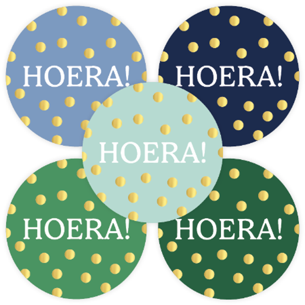 sticker hoera blauw/groen 5 stuks 40mm