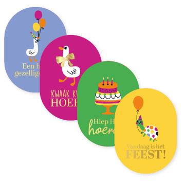 sticker verjaardag + illustratie 4 stuks 43x59mm