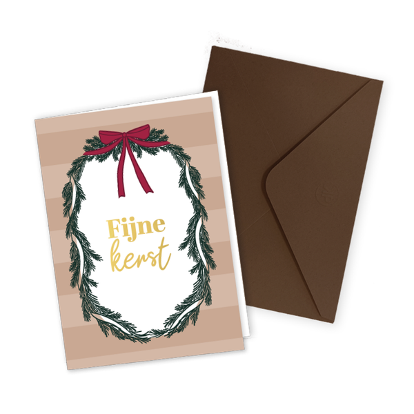 kerst wenskaart fijne kerst strik en kerstgroen