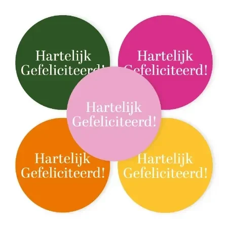 sticker hartelijk gefeliciteerd roze/geel/oranje/groen 5 stuks 40mm