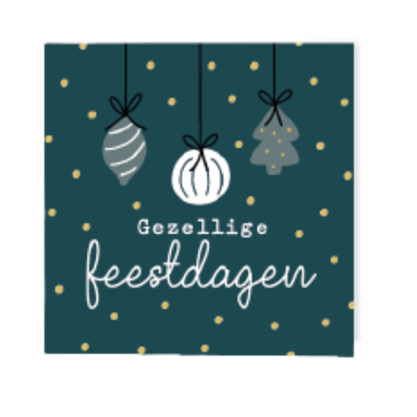 kerst wenskaart gezellige feestdagen kerstballen donkerblauw