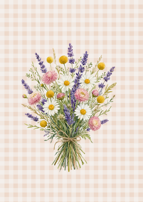 ansichtkaart bosje bloemen op ruit