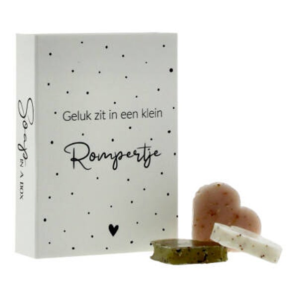 Doosje met zeepjes Geluk zit in een klein rompertje