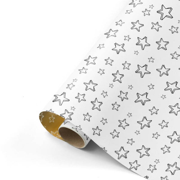 kerst cadeaupapier sterretjes wit/zwart/goud dubbelzijdig