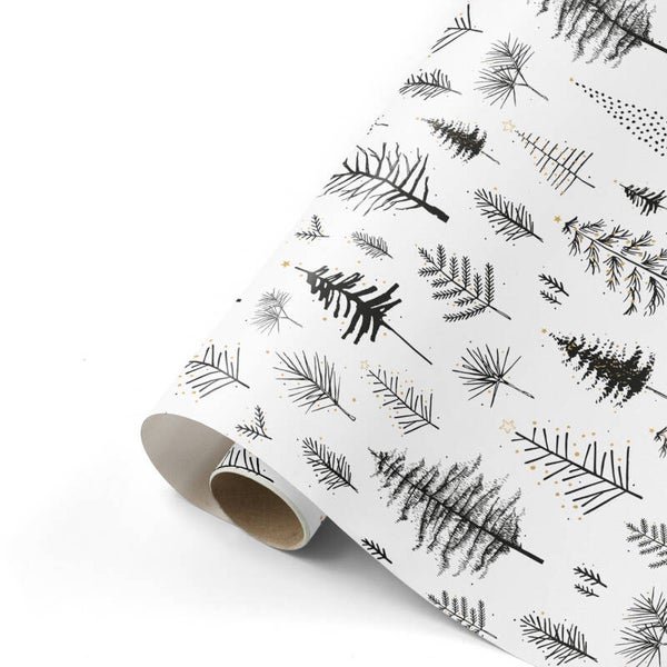 kerst cadeaupapier kerstbomen zwart/wit dubbelzijdig