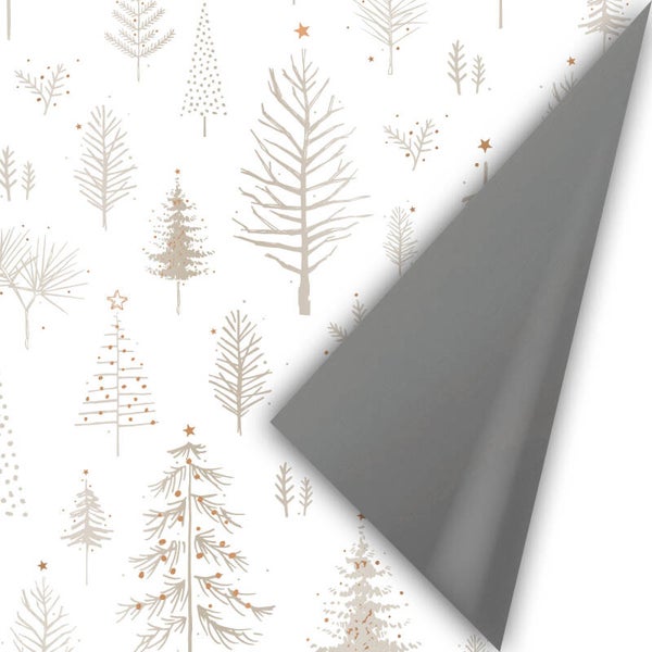 kerst cadeaupapier kerstbomen wit/champagne dubbelzijdig