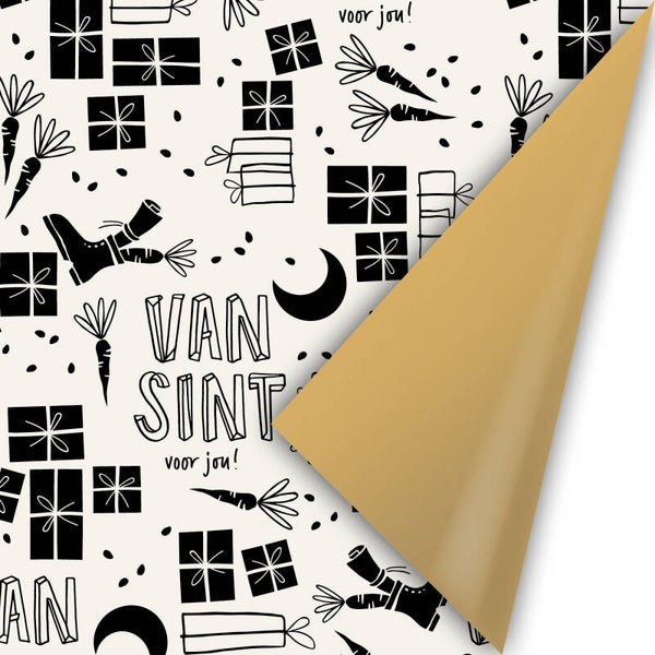 sint cadeaupapier wit met zwart opdruk kadootjes, maan, schoentjes dubbelzijdig