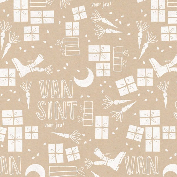 sint cadeaupapier kraft met witte opdruk kadootjes, maan, schoentjes