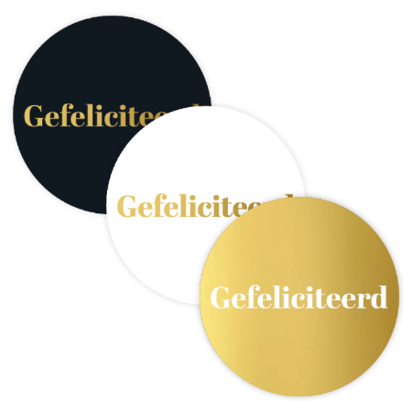sticker gefeliciteerd goud wit zwart 50mm 3 stuks