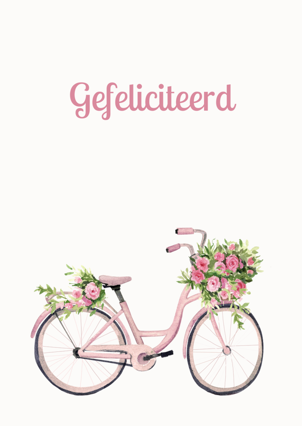 ansichtkaart gefeliciteerd fiets met bloemen