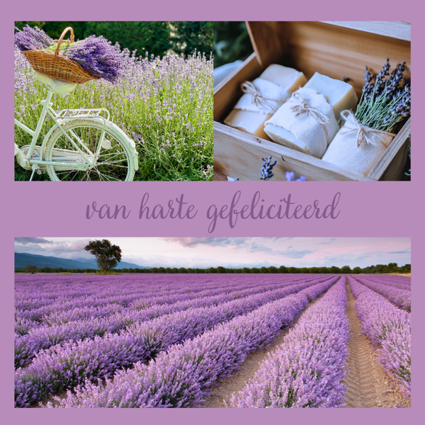 wenskaart van harte gefeliciteerd collage lavendel COMING SOON