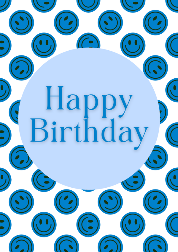 ansichtkaart happy birthday smiley blauw BINNENKORT VERKRIJGBAAR