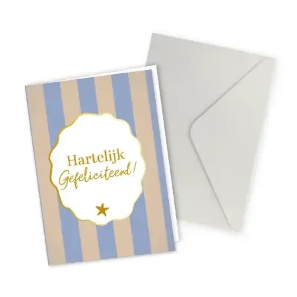 wenskaaart hartelijk gefeliciteerd strepen beige/blauw BINNENKORT VERKRIJGBAAR