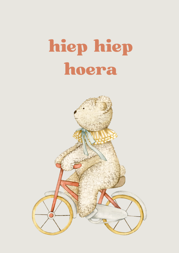 ansichtkaart hiep hiep hoera beer op fiets