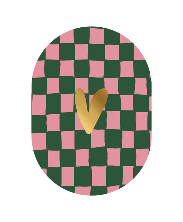 ansichtkaart ruitjes groen/roze met gouden hartje ovaal
