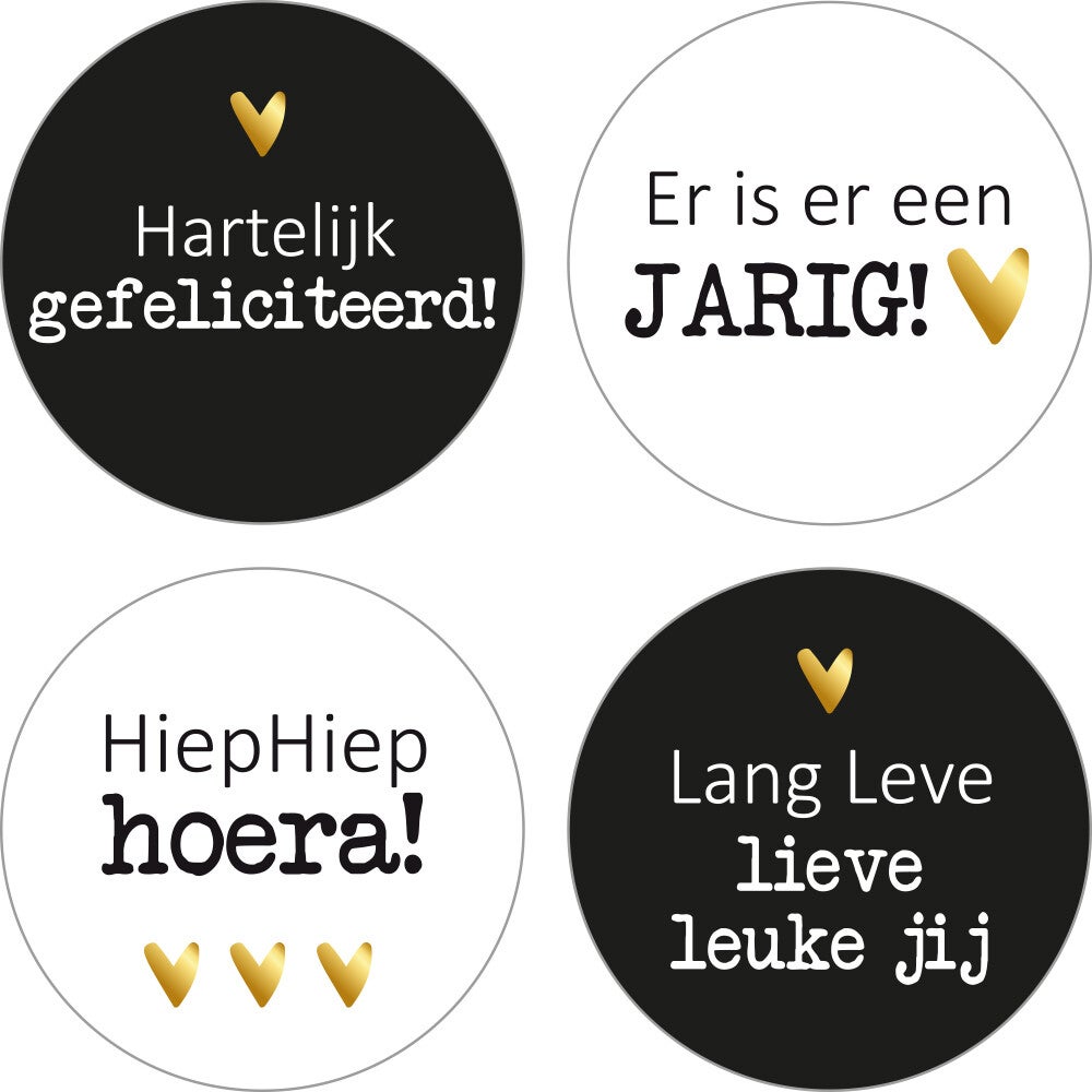 sticker 4 stuks assorti verjaardag goud/zwart/wit