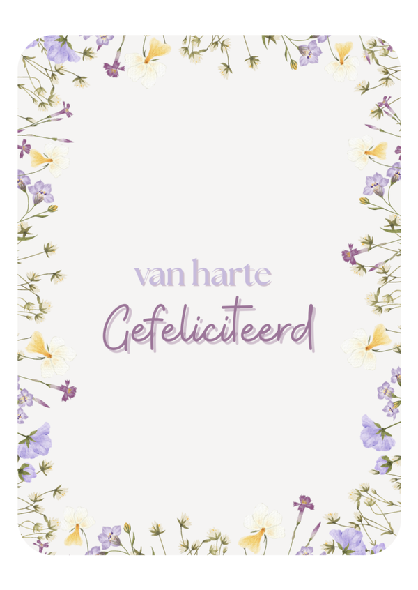ansichtkaart van harte gefeliciteerd paarse/gele bloemenrand COMING SOON