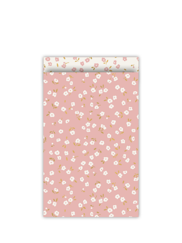 cadeauzakje bloemetjes oud roze met wit M