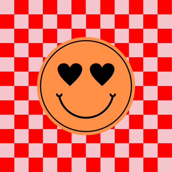 Wenskaart oranje smiley op geblokte rood/roze achtergrond