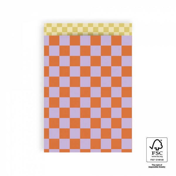cadeauzakje big check oranje lila L