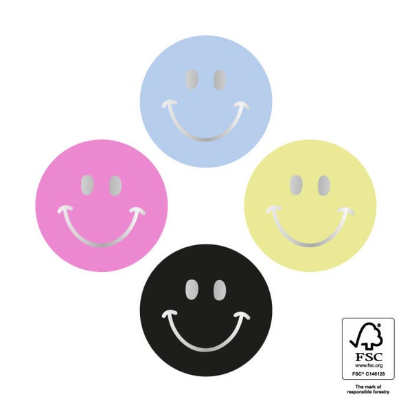 sticker smiley mini zwart-geel-blauw-roze 35mm 4 stuks