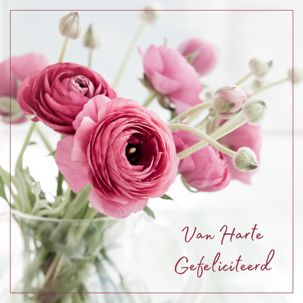 Wenskaart van harte gefeliciteerd ranonkels roze in vaas