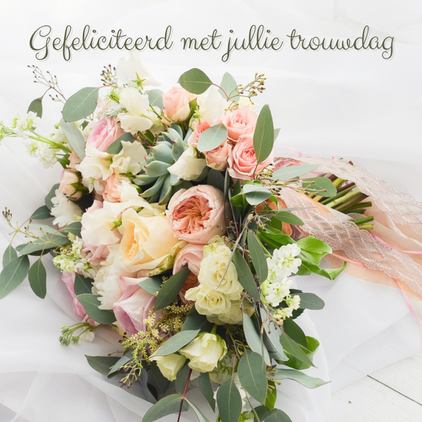 wenskaart gefeliciteerd met jullie trouwdag boeket met lint COMING SOON