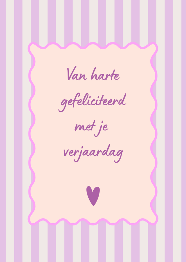 cadeaukaartje van harte gefeliciteerd strepen lila/perzik