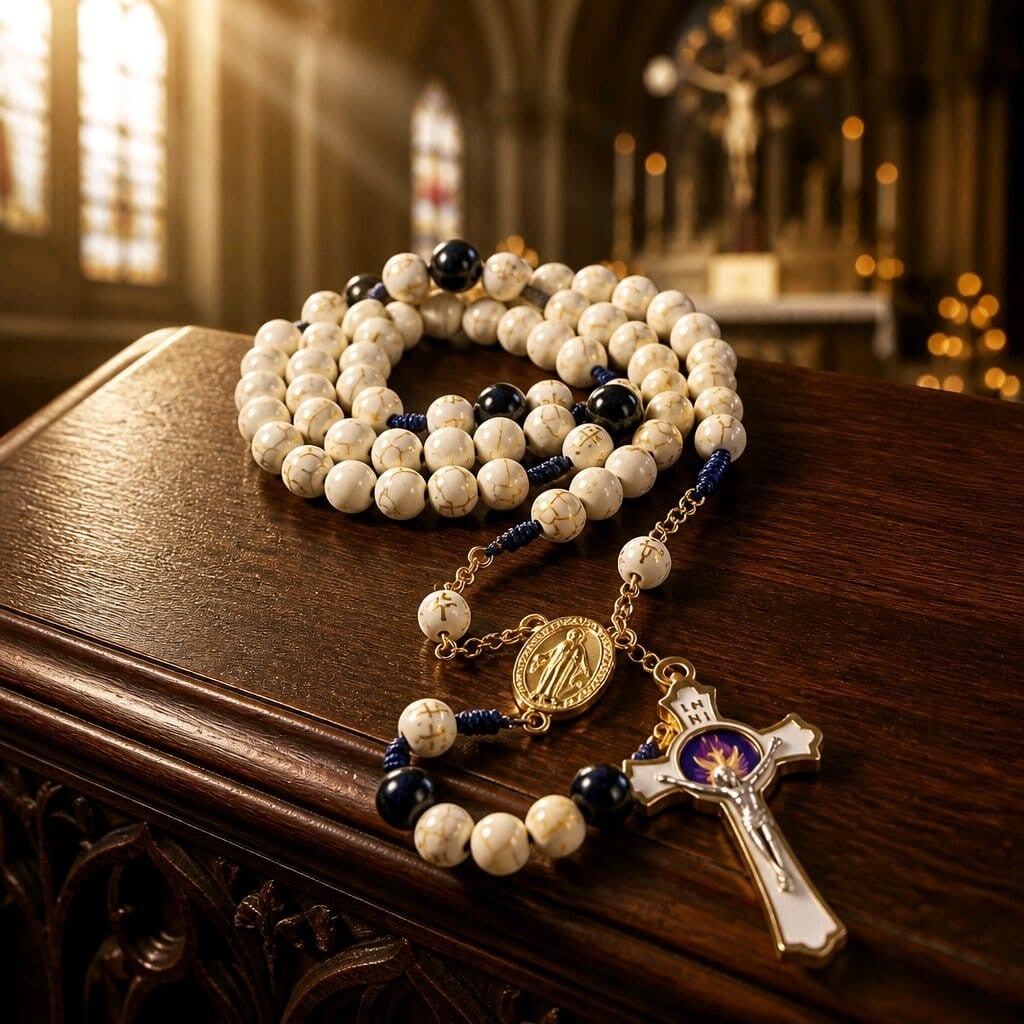 Handgeknüpfter Rosenkranz mit Kreuz " Hl. Geist ", goldfarben, 5,1 cm und weißen Perlen