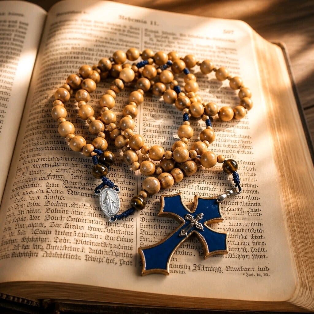Handgeknüpfter Rosenkranz mit selbst hergestelltem Holzkreuz und Olivenholzperlen
