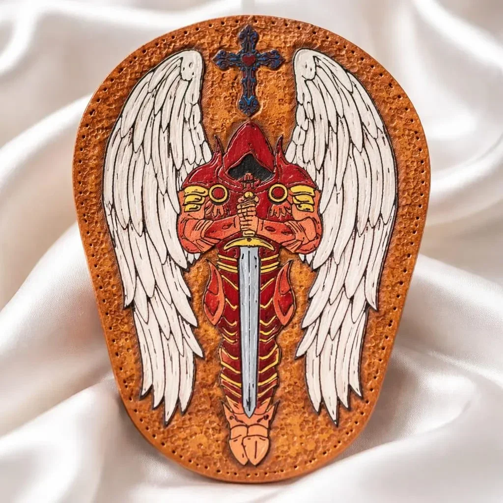 Aufnäher/ Patch mit Erzengel Michael aus Rinderleder punziert und bemalt.