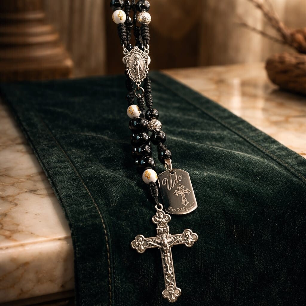 Handgeknüpfter Rosenkranz mit selbst hergestelltem Holzkreuz und weiß marmorierten Perlen