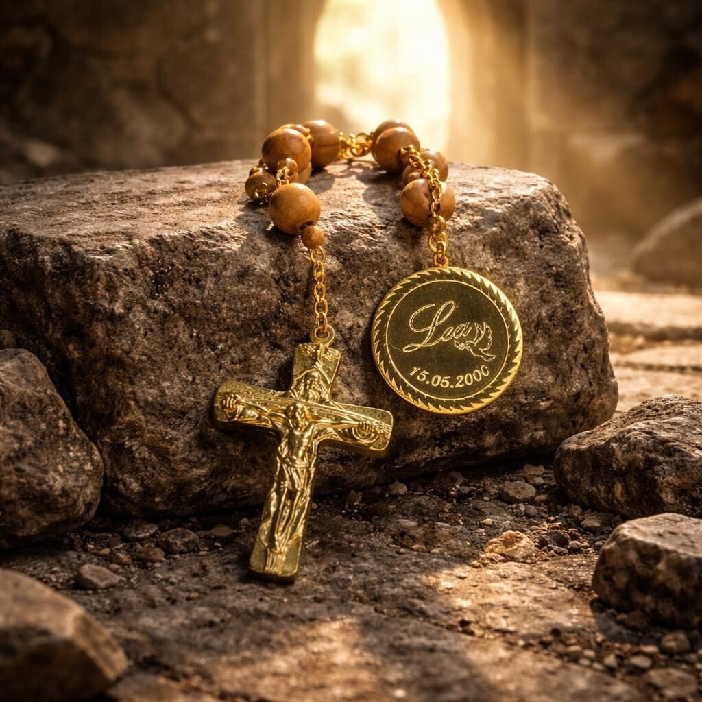 Handgeknüpfter Rosenkranz Personalisiert mit Kreuz, Motiv "Dreifaltigkeit Länge 4,9 cm, Olivenholzperlen