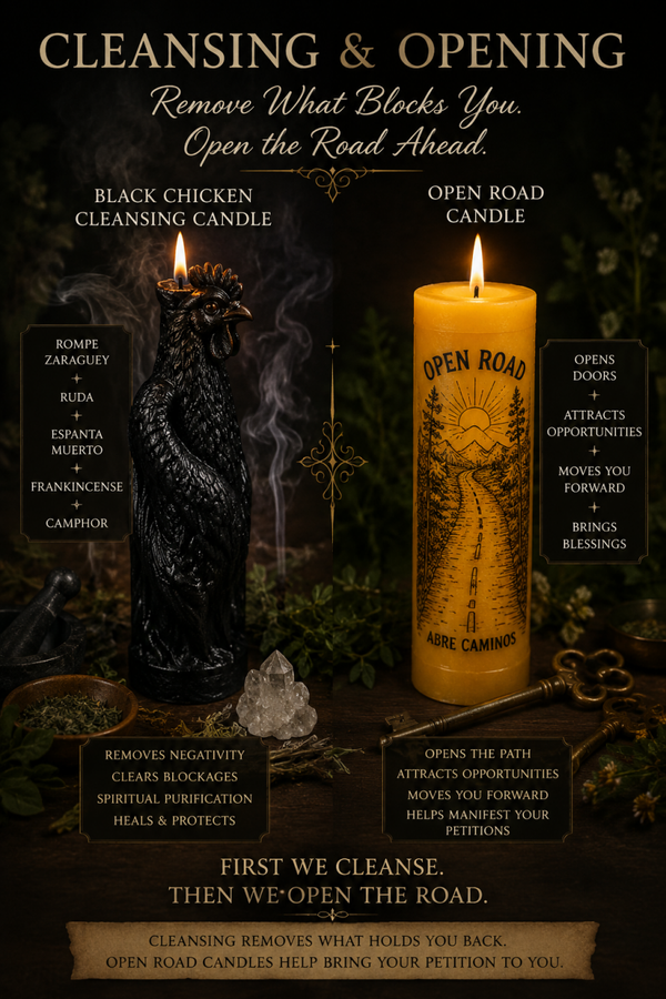 30 Day Spiritual Uncrossing 9 Black Chicken candle with 4 Open Road Candles.