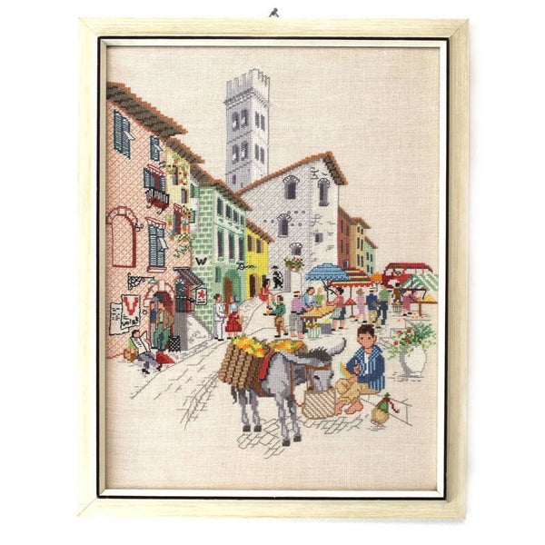 Borduurwerk markt met ezel Zuid-Europees dorpsbeeld jaren 60
