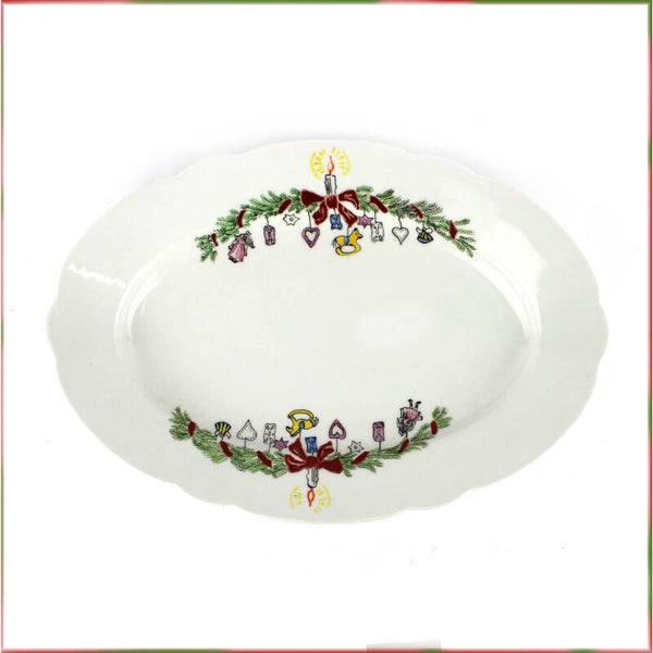 Serveerschaal  kerstmis kersttakken & kaars decor ovaal porselein 36 cm, Hutschenreuther Duitsland,