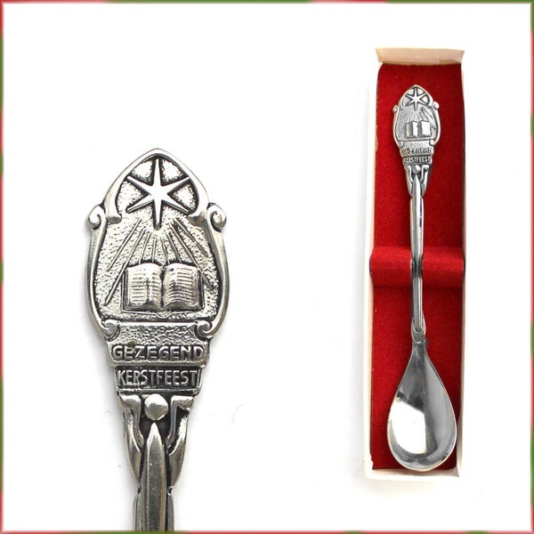 Verzilverd lepeltje met ster van Bethlehem & bijbel Gezegend Kerstfeest