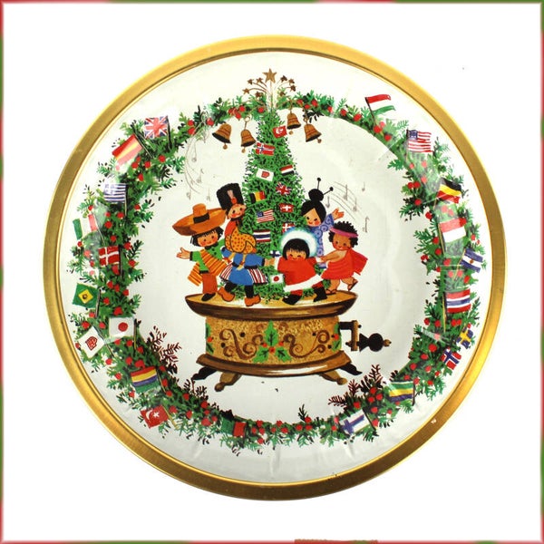 Vintage kerst schaal van blik – HP West Germany, kinderen rond kerstboom  jaren 70/80