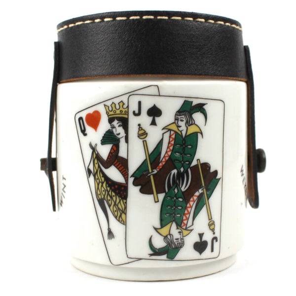 Spaarpot van de kaartclub met leren deksel speelkaarten decor