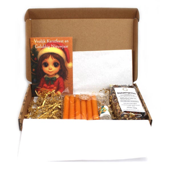 Vintage mini kandelaar met 6 kaarsjes,  Glühweinkruiden en unieke kerstkaart