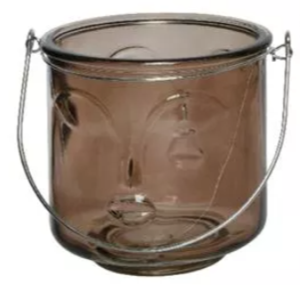Decoris Theelichthouder gezicht glas 12x12 cm bruin